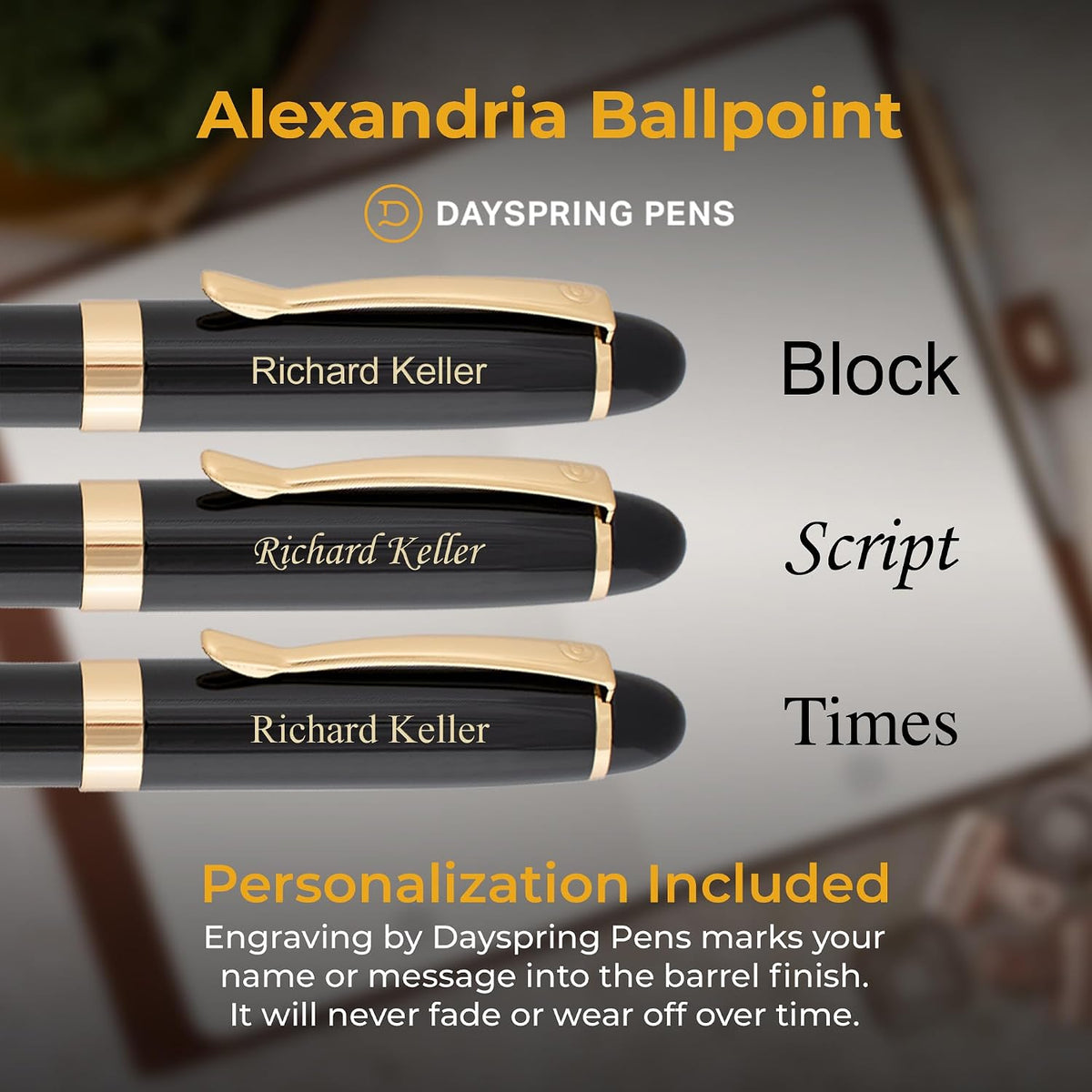 Dayspring Pens Alexandria Personalized Ballpoint Pen, Black with Gold Trim