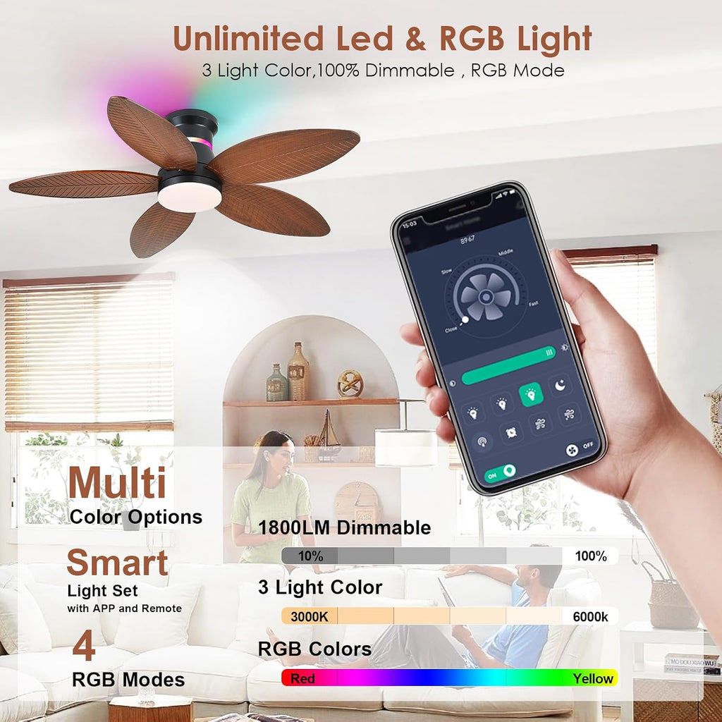 tropical palm leaf rgb ceiling fans with lights, close-up detail