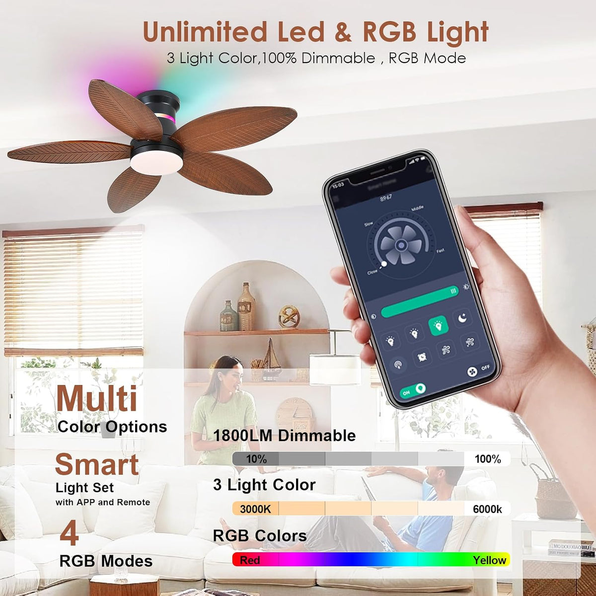 tropical palm leaf rgb ceiling fans with lights, close-up detail