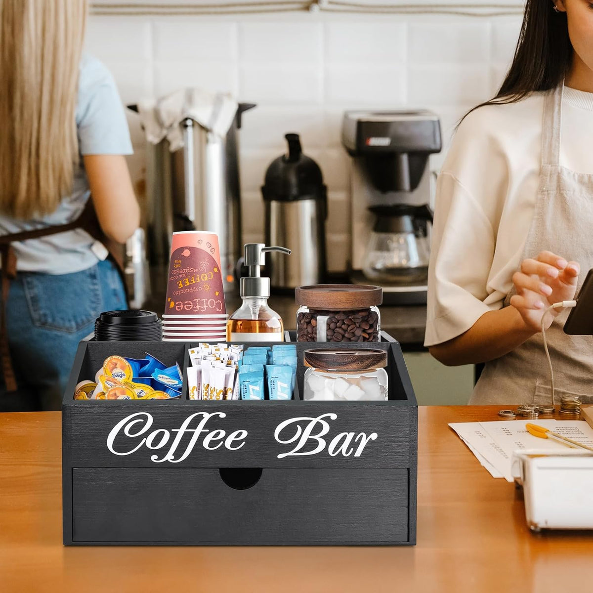 Coffee Bar Organizer Countertop, Wooden Bar Accessories With Drawer, Coffee S...