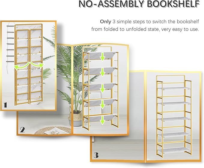4NM No Assembly 5 Tiers Folding Bookshelf Storage Shelves Vintage Bookcase - Image 6