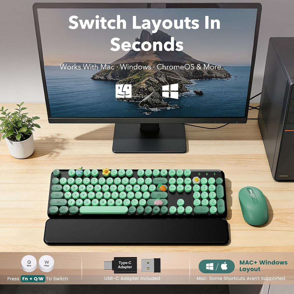 Wireless Keyboard and Mouse, Round Keycap, Magnetic Wrist Rest, Green Black
