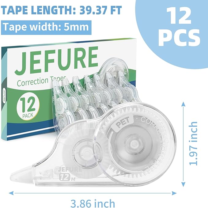 JEFURE 12 Pcs Correction Tape, 39.4 Ft White Wrong Out Tear-Resistant Bulk - Image 2
