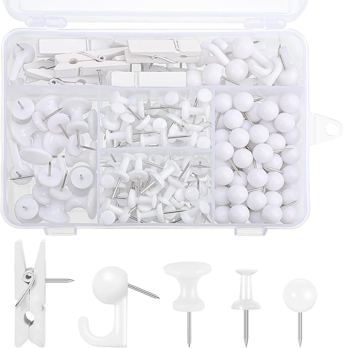 BESARME 200 Pieces Push Pins Set, 5 Types White Thumb Tacks Cute Decorative by BESARME