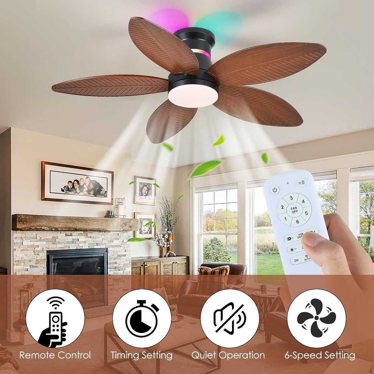 tropical palm leaf rgb ceiling fans with lights on a desk or shelf