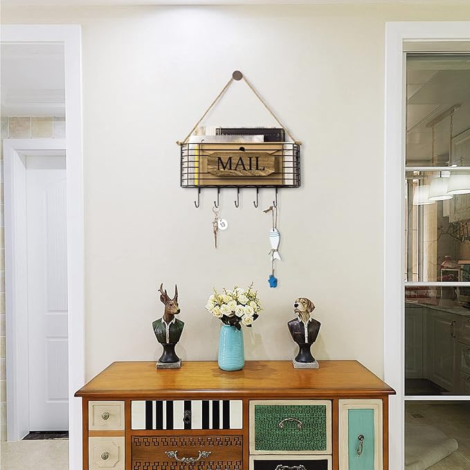 SRIWATANA Mail Holder, Rustic Mail Organizer Wall Mount Hanging Mail Sorter - Image 2