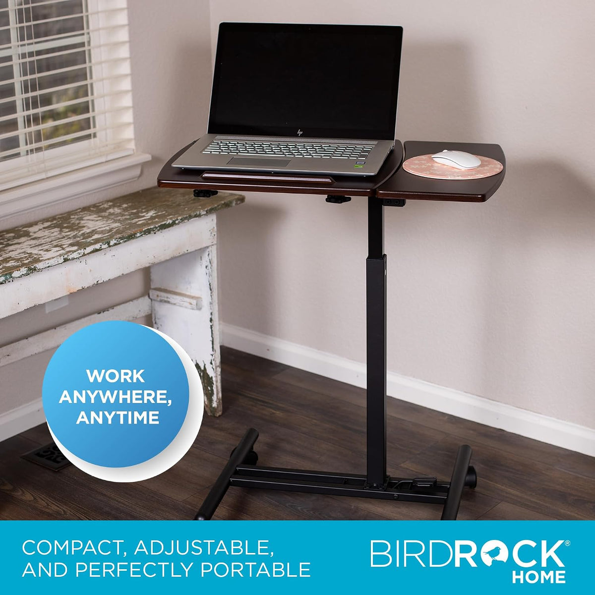 BIRDROCK HOME Adjustable Mobile Laptop Stand - Brown - Portable Rolling Stand...