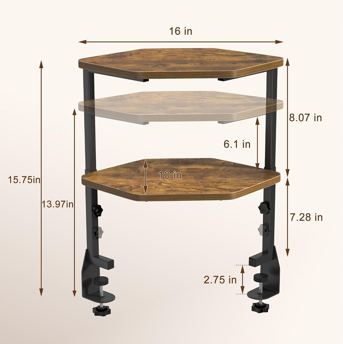 Corner Desk Shelf, Clamp on Desk Shelf Above or Below Desk 16" 2 Tier