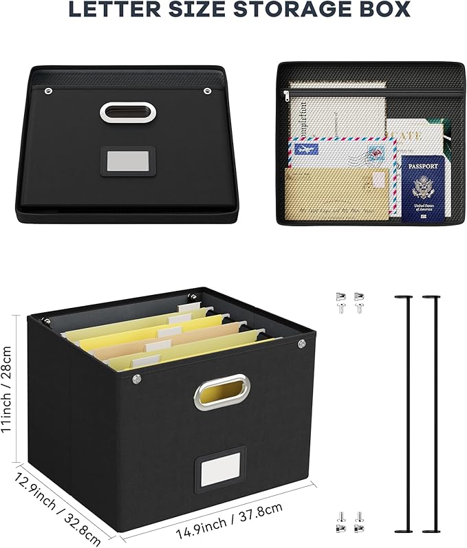 Oterri File Organizer Box with Lid, Large Hanging Filing Box with Mesh Pocket - Image 2