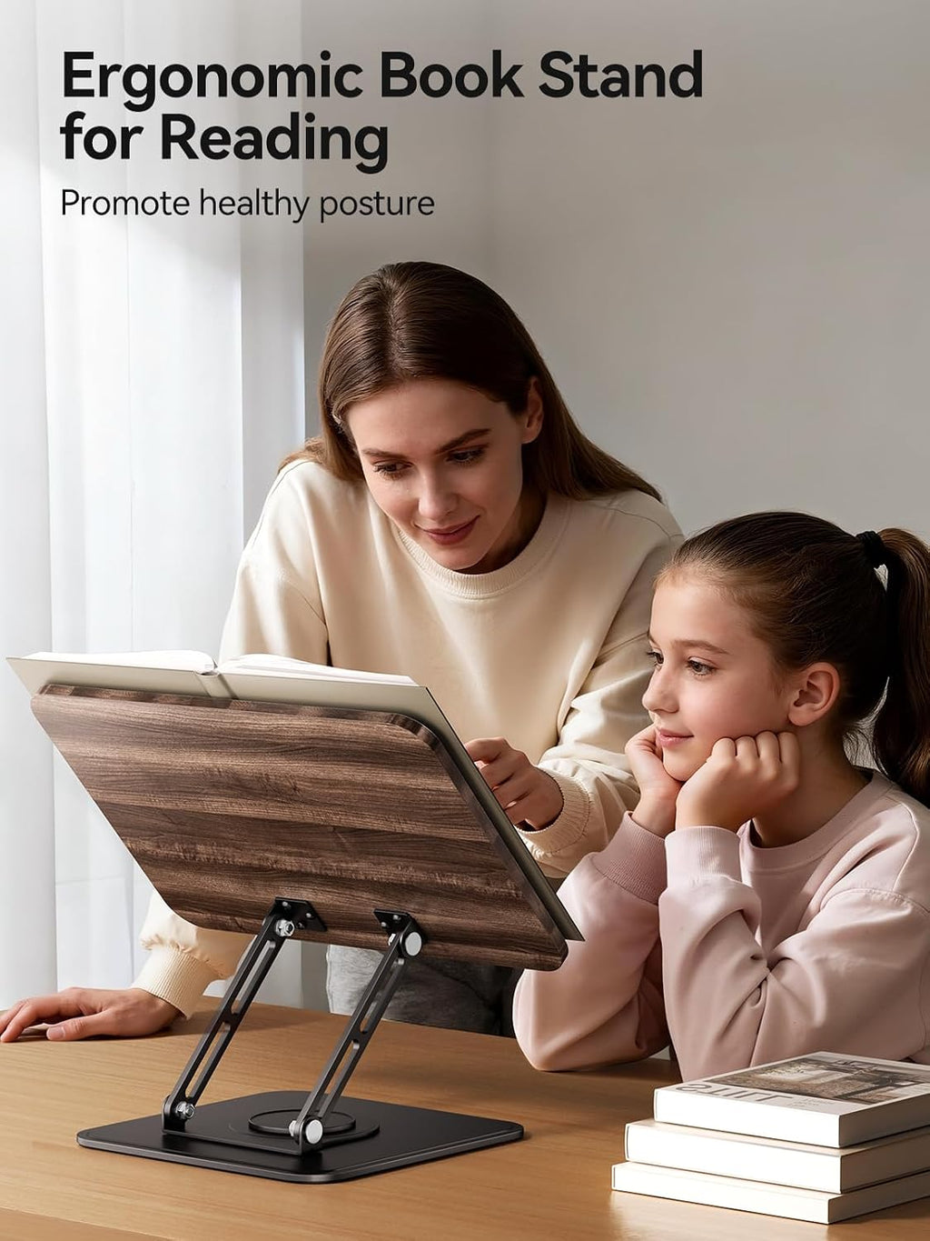Tounee Book Stand, 360° Rotating Reading Book Holder, Adjustable Cookbook Holder for Reading Hands-Free, Foldable Desktop Recipe Book Stand with Protective Page Clips, Fits All Books - Black