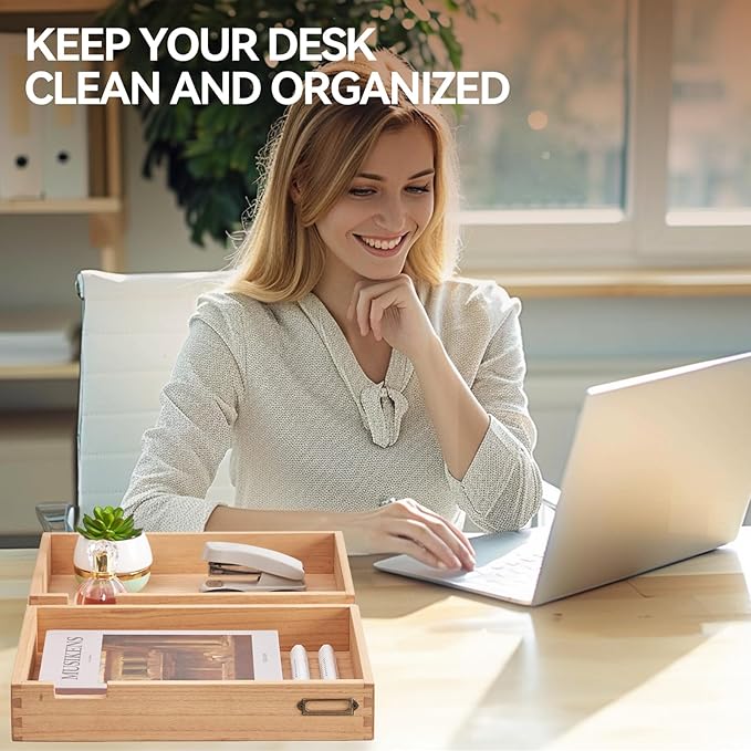 KIRIGEN Wood Desk Organizer Set of 2 Stackable Paper Tray Desktop Document - Image 7