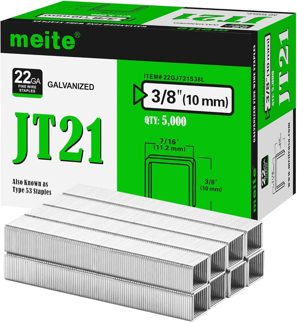 meite JT21 Staples, 3/8 Inch Galvanized Fine Wire Staples