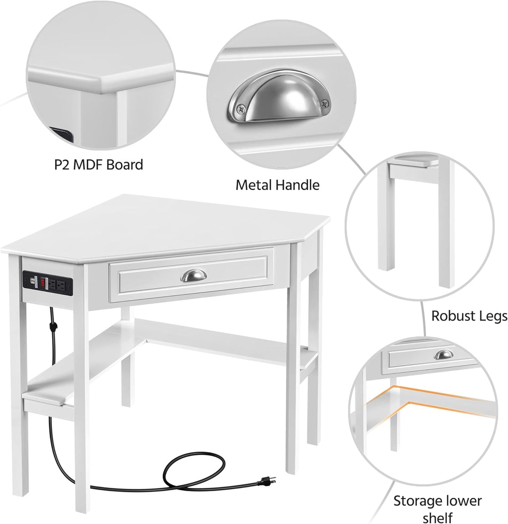 Yaheetech L-Shaped Corner White Desk and White Chair | USB ports, storage drawer and shelf, space-saving corner fit, modern style, sturdy frame, for home office or gaming.