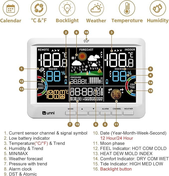 Weather Station Indoor Outdoor Thermometer Wireless, Home Atomic Clock - Image 6