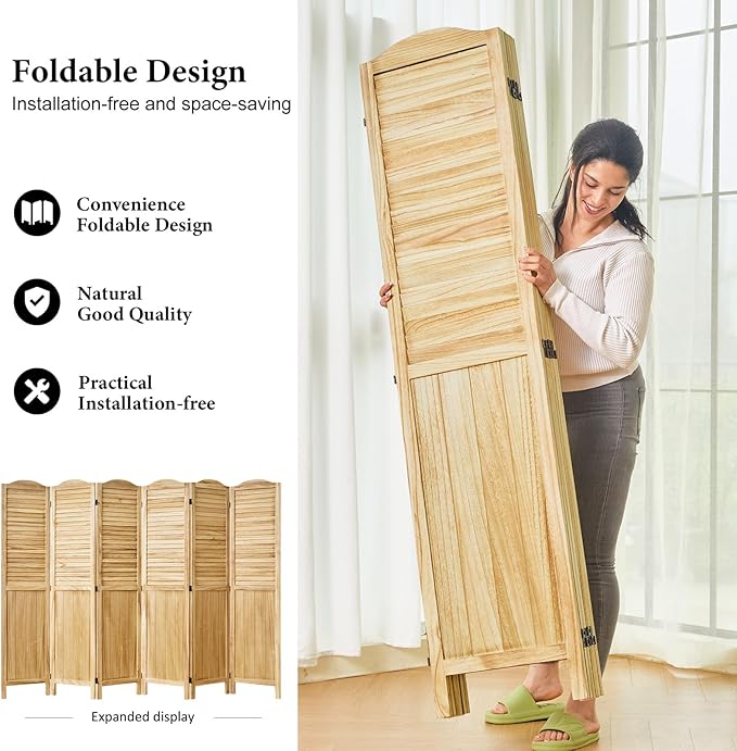 Room Dividers, 5.75Ft Individual Privacy Screens Foldable Wooden Louver & MDF - Image 3