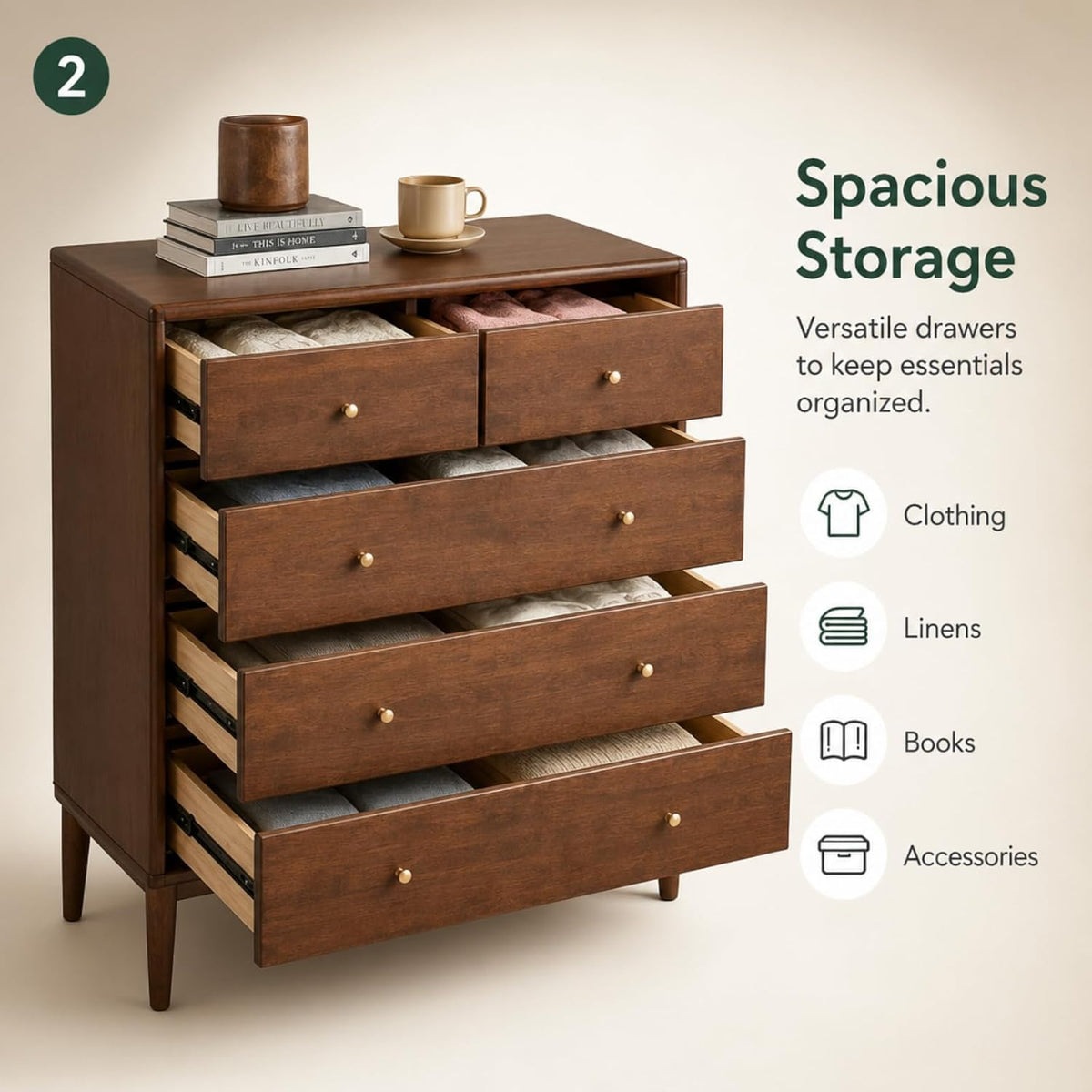 100% Solid Wood Nightstand with 5 Drawer, 5 Drawer Side Table for Bedroom, Wo...
