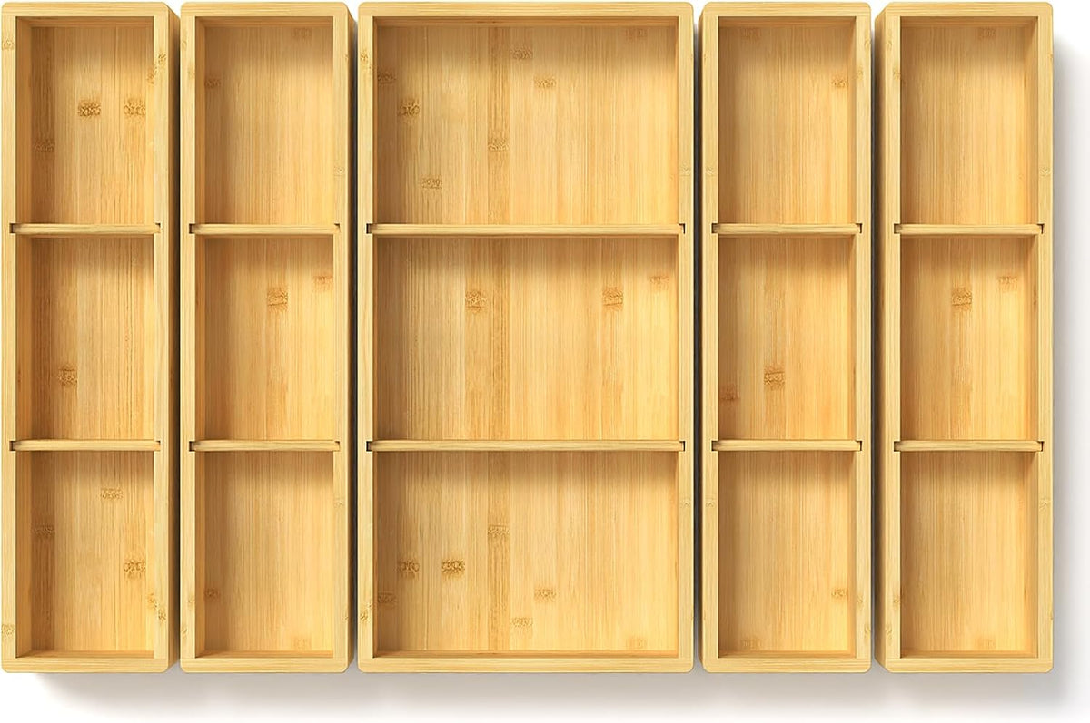DUJEN 5 pieces Bamboo Drawer Organizer, Adjustable 3 Individual Junk Drawer o...