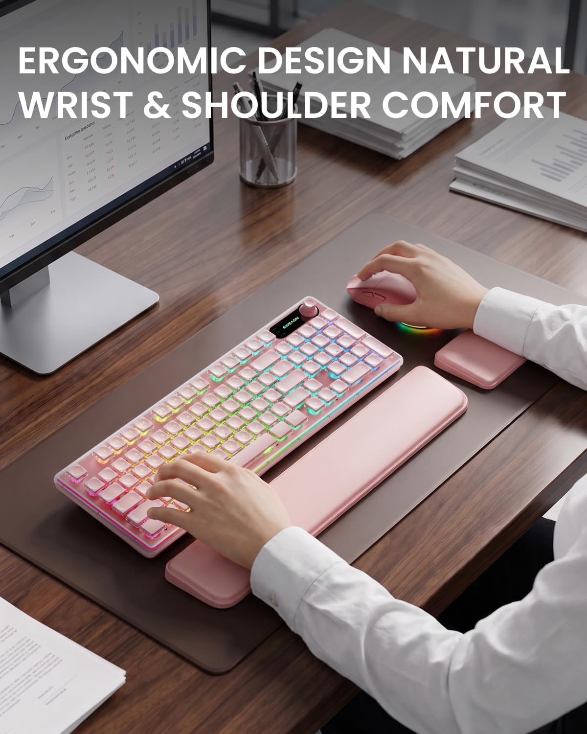 EWEADN V98 Wireless Keyboard and Mouse Combo with Dual Wrist Rest, Pink