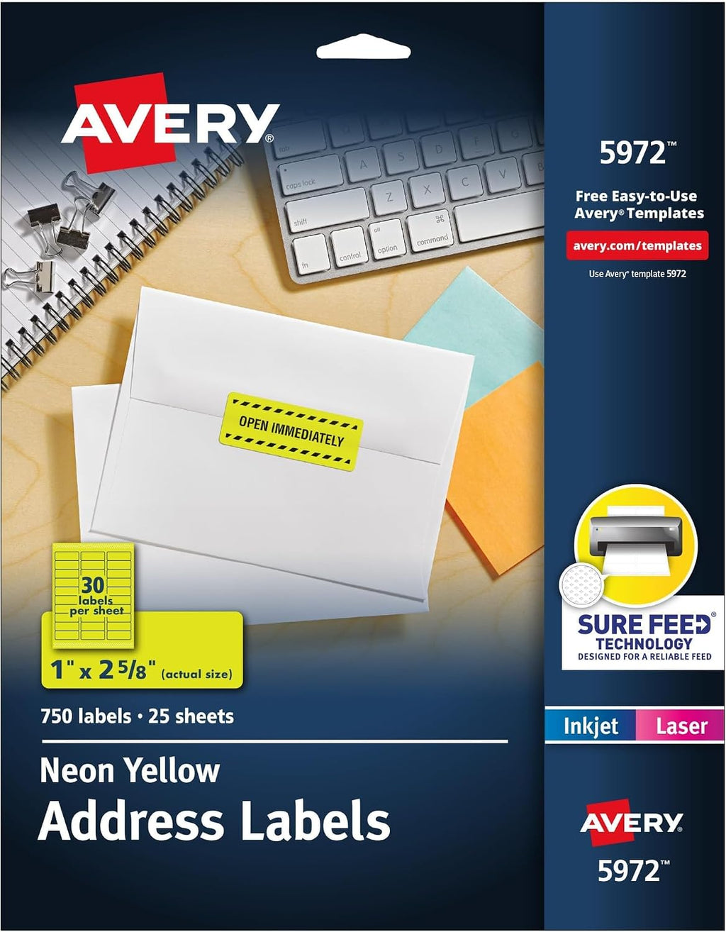 Avery Printable Address Labels, Sure Feed Technology, 1" x 2-5/8", Neon Yellow, Laser & Inkjet Compatible, 750 Blank Labels, Great for Branding, Mailing, Organizing, and More (5972), (Pack of 5)