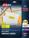 Avery Printable Address Labels, Sure Feed Technology, 1" x 2-5/8", Neon Yellow, Laser & Inkjet Compatible, 750 Blank Labels, Great for Branding, Mailing, Organizing, and More (5972), (Pack of 5)