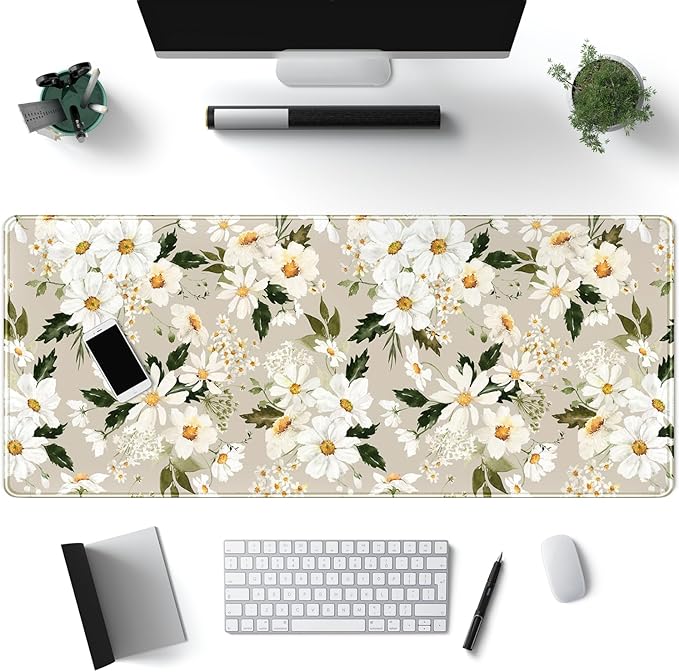 Daisy Floral Daisies Large Mouse Pad Watercolor Flowers Desk Mat, Washable by Mechanical+Cattle