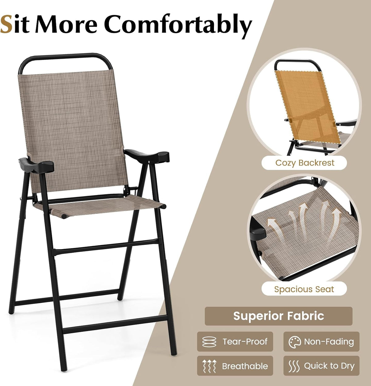 COSTWAY 4 Pieces Patio Folding Bar Chairs with Metal Frame, Footrest, Arms