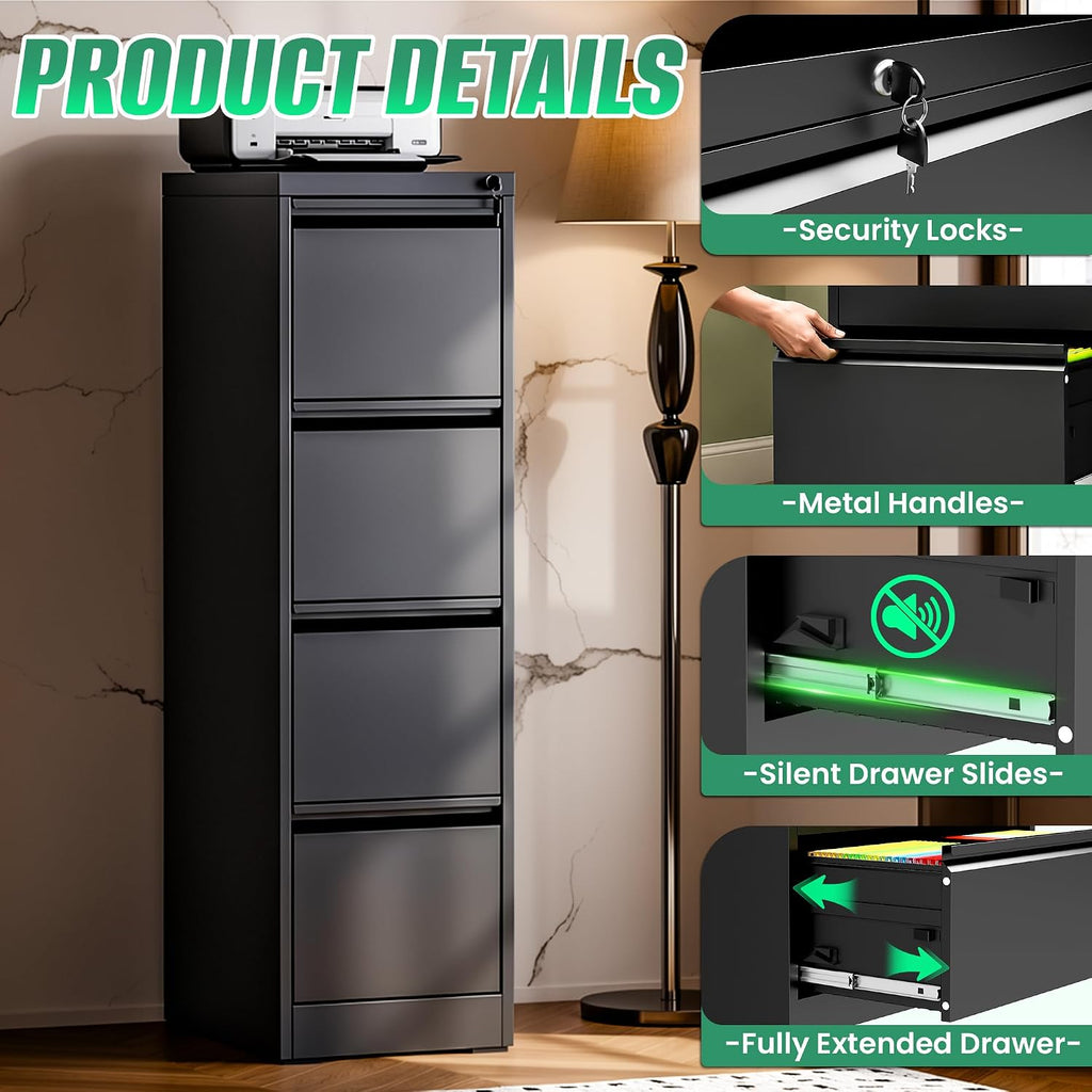 file cabinet 4 drawer with lock, vertical filing, side view