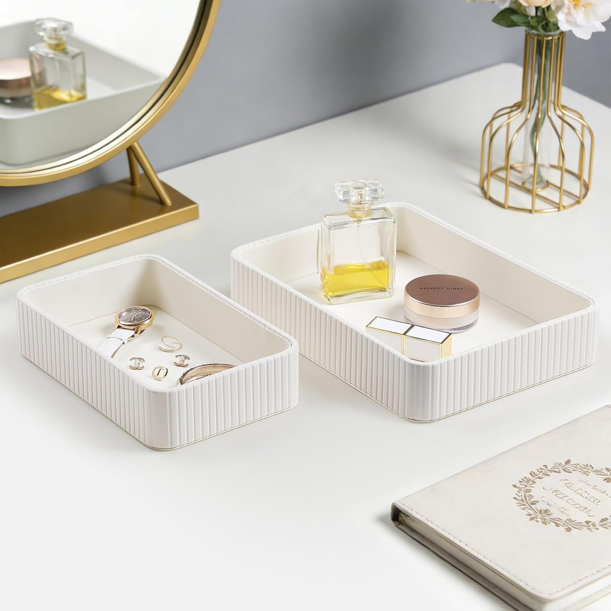 Desk Organizer Tray, PU Leather Nightstand Organizer, Ivory 2-Pack