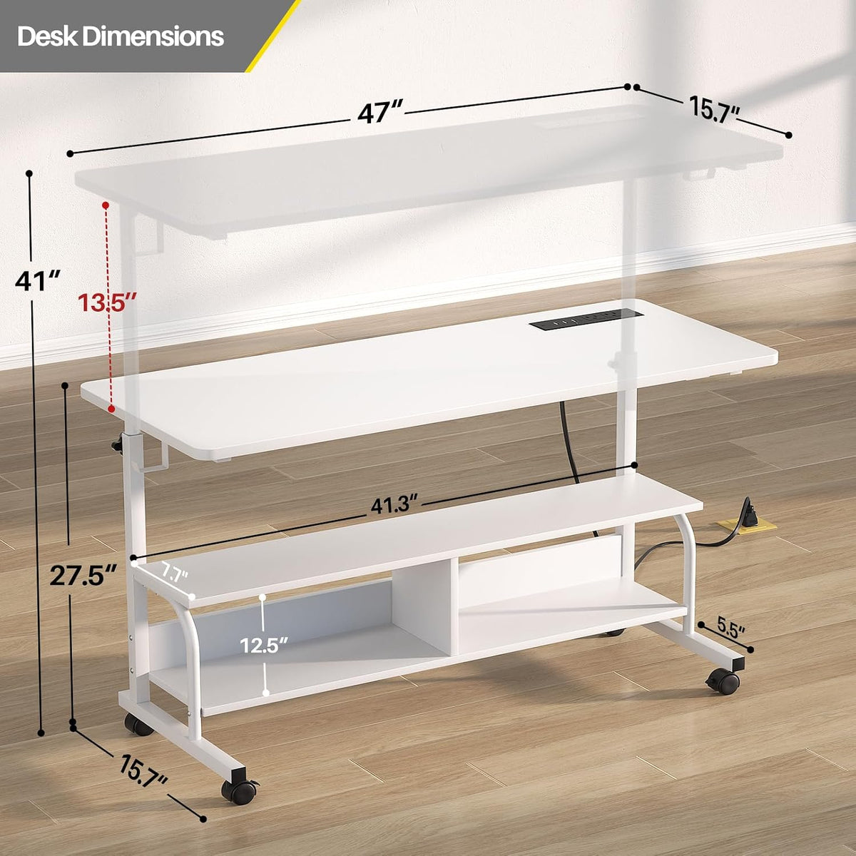 Armocity 47" Rolling Standing Desk with Charging Station for Couch Bed
