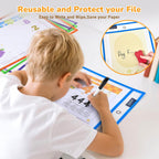 GAMENOTE 30 Pack Dry Erase Pockets, 10x14 Reusable Sleeves, 10 Colors | 30 reusable PVC pockets hold 8.5 x 11 and 9 x 12 sheets; double sided wipe clean surfaces, pen loops, eyelets, and 5 rings