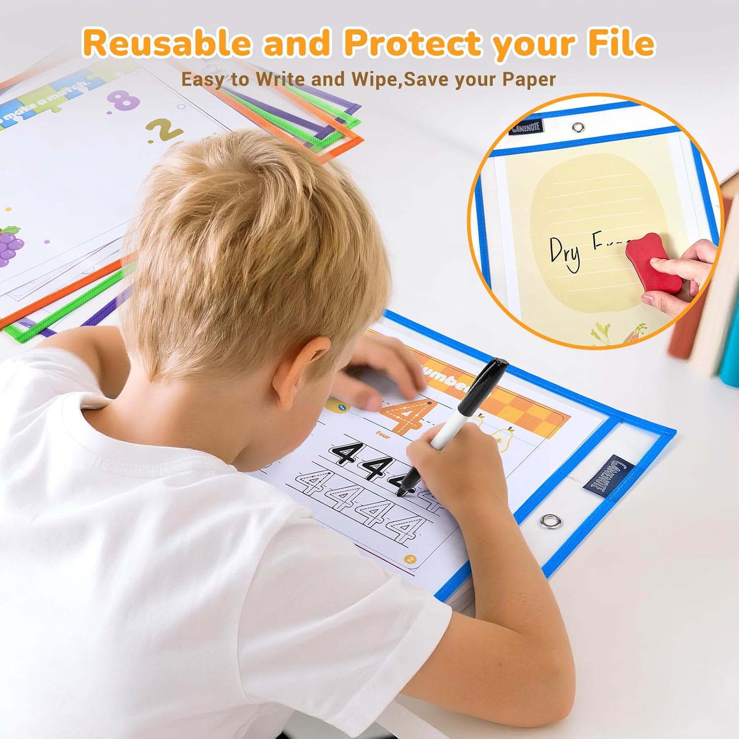 GAMENOTE 30 Pack Dry Erase Pockets, 10x14 Reusable Sleeves, 10 Colors | 30 reusable PVC pockets hold 8.5 x 11 and 9 x 12 sheets; double sided wipe clean surfaces, pen loops, eyelets, and 5 rings