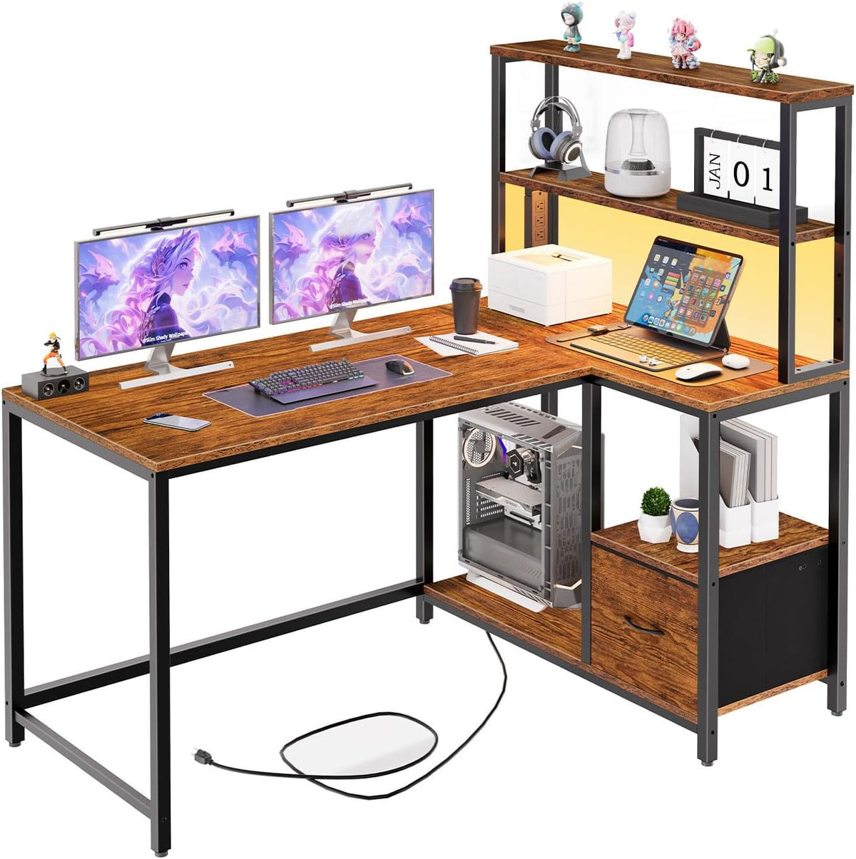 HOOBRO L Shaped Gaming Desk, 46 Inch Reversible Computer Desk with LED Light ...