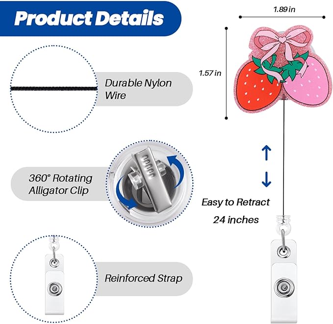 Pink Bow Strawberry Badge Reel | Cute Retractable ID Card Badge Holder | Name - Image 2