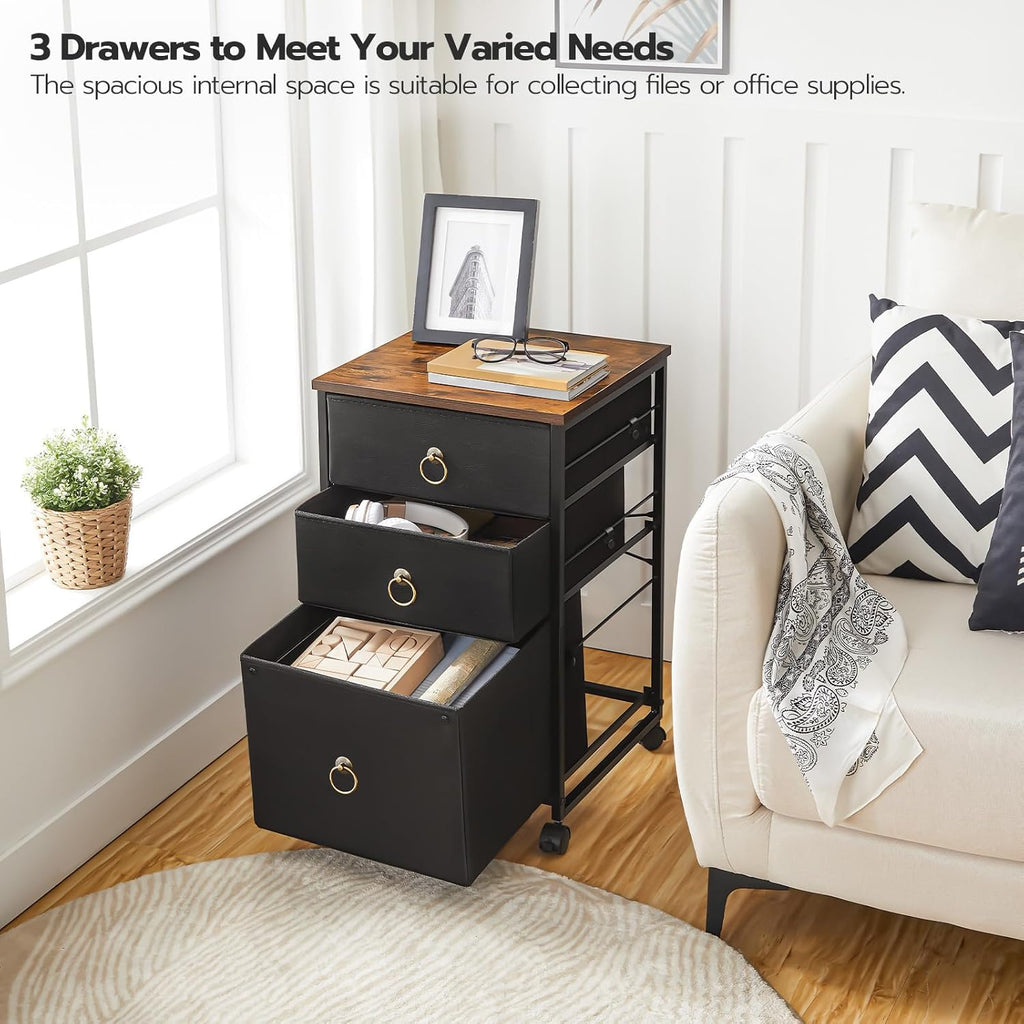 HOOBRO 3-Drawer Mobile File Cabinet, Vertical Filing Cabinet, Under Desk Storage Drawers for Home Office, Rolling Printer Stand, A4/Letter-Sized, Nonwovens Drawer, Rustic Brown and Black BFK30WJ01