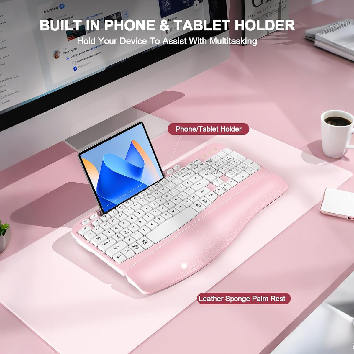 EAYBLLY 2.4G Wireless Ergonomic Keyboard, Full Size Wave Keys with Memory Foa...