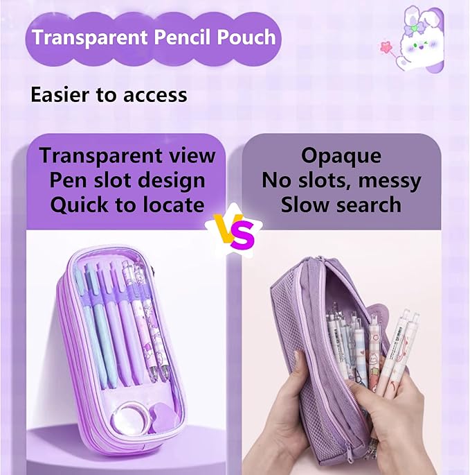 UINSUE Cute Pen case Adorable Bunny Transparent 3-Layer Large Capacity Pencil - Image 4