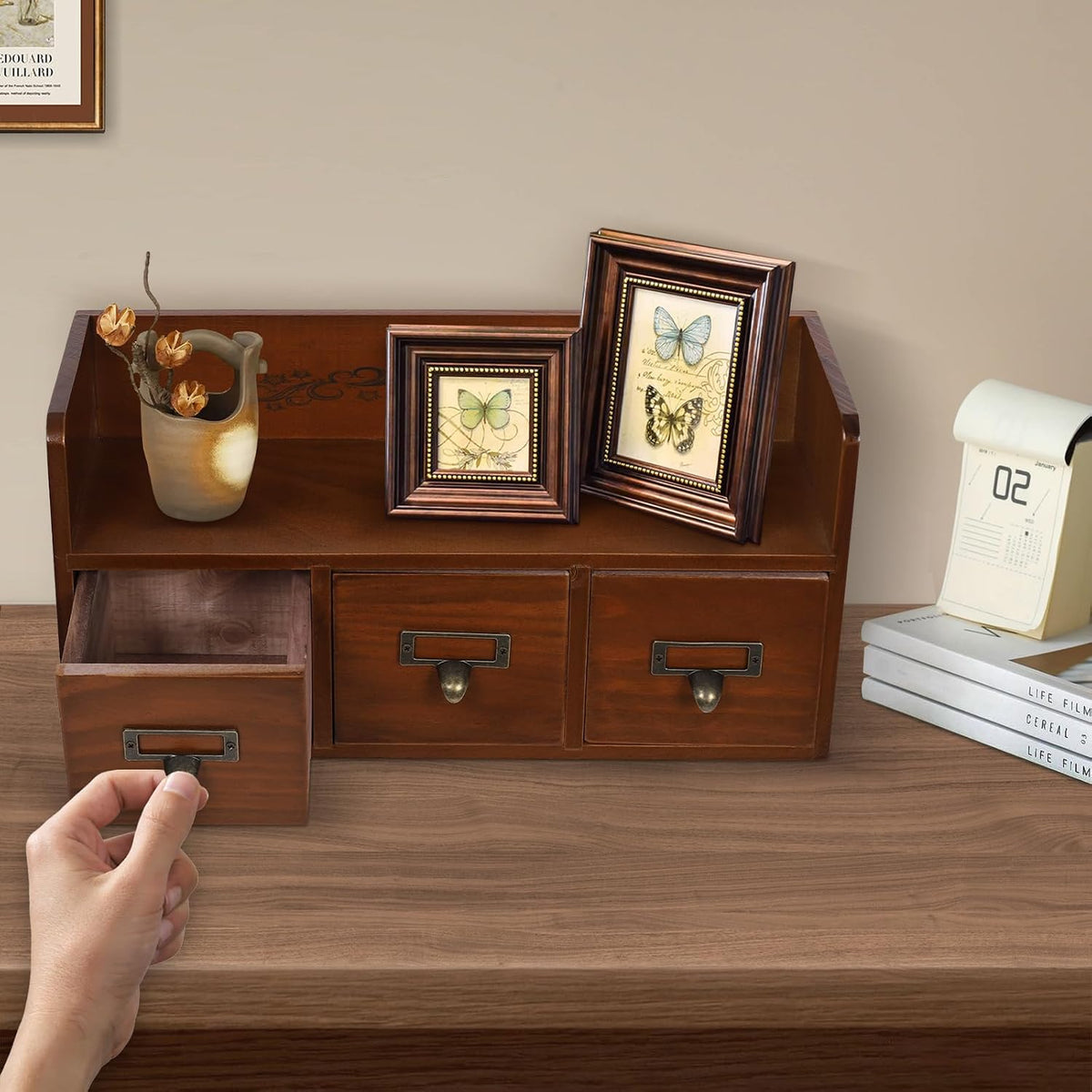 Desk Organizer with 3 Drawers, Wooden Apothecary Cabinet Desktop Storage Shel...