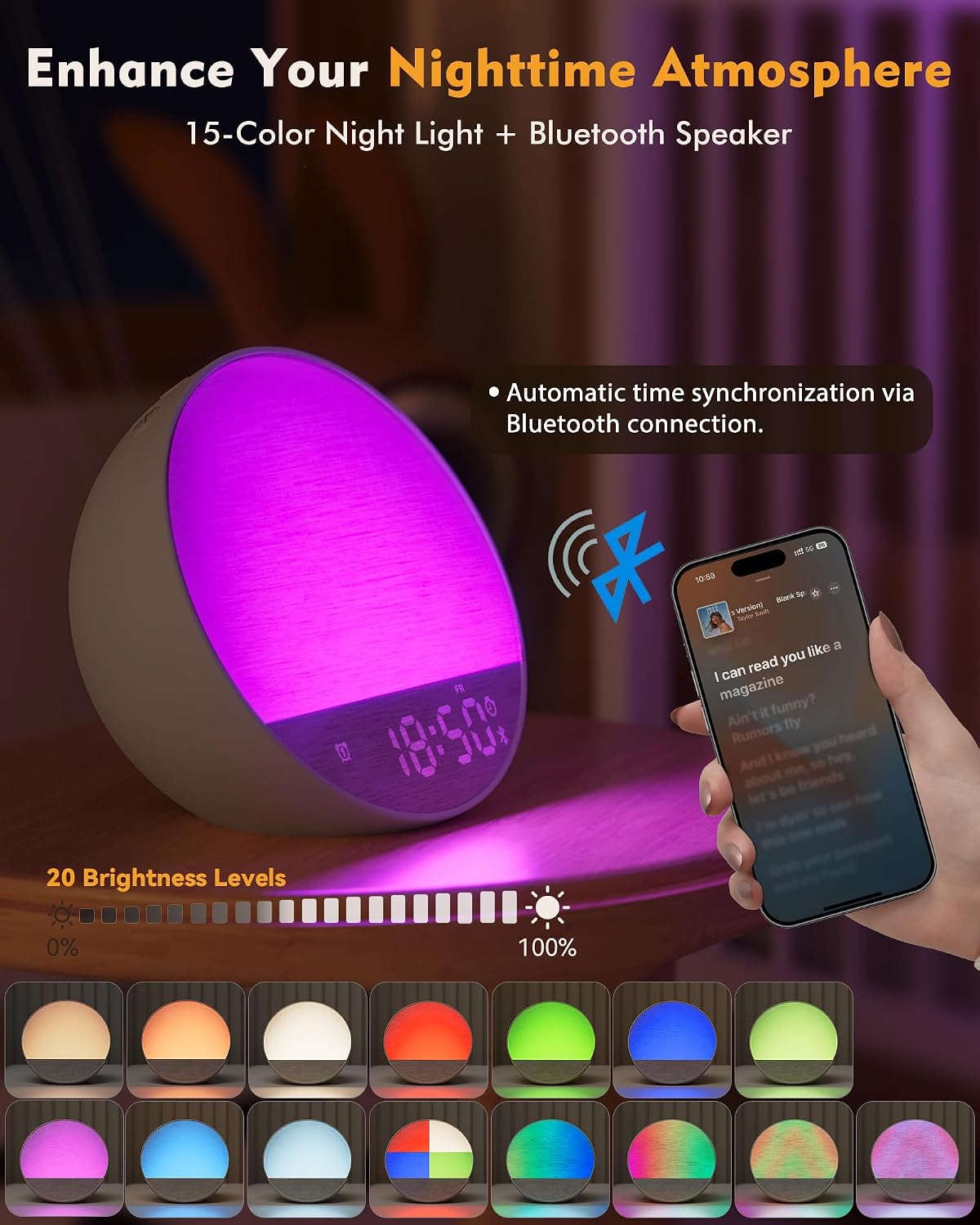 sunrise alarm clock with sound machine, bluetooth speaker, package contents