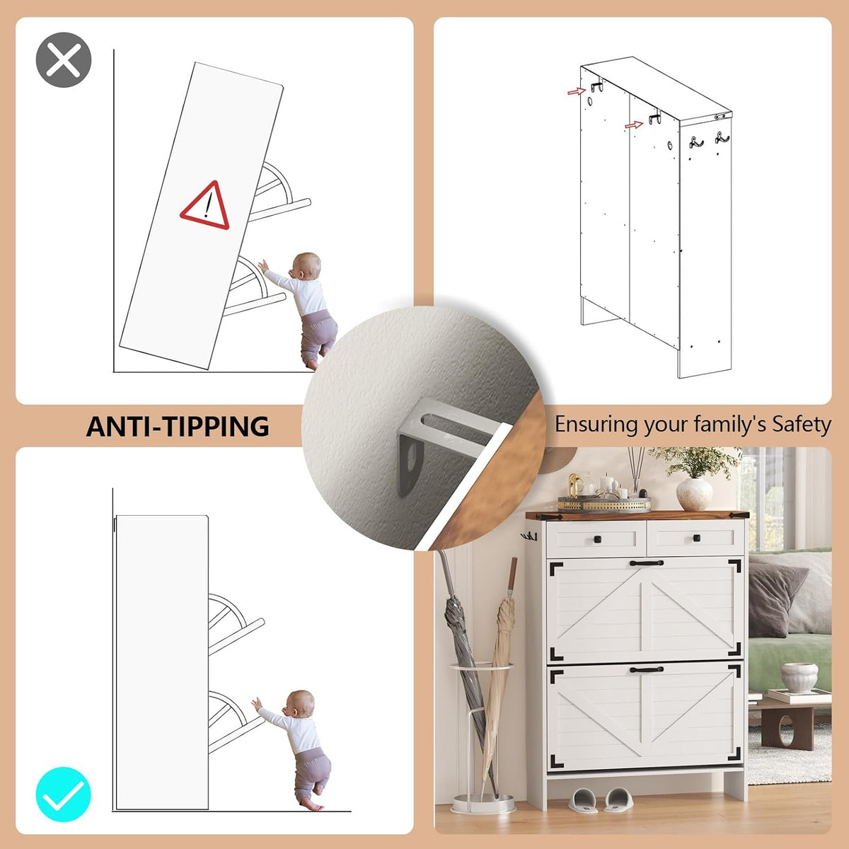 Shoe Cabinet with 2 Flip Drawers, Hidden Shoe Storage Cabinet with 2 Pull-Out...