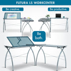 SD STUDIO DESIGNS Futura LS WorkCenter with Tilt Top Adjustable Drafting Table Craft Table Drawing Desk Hobby Table Writing Desk Studio Desk, Silver / Blue Glass