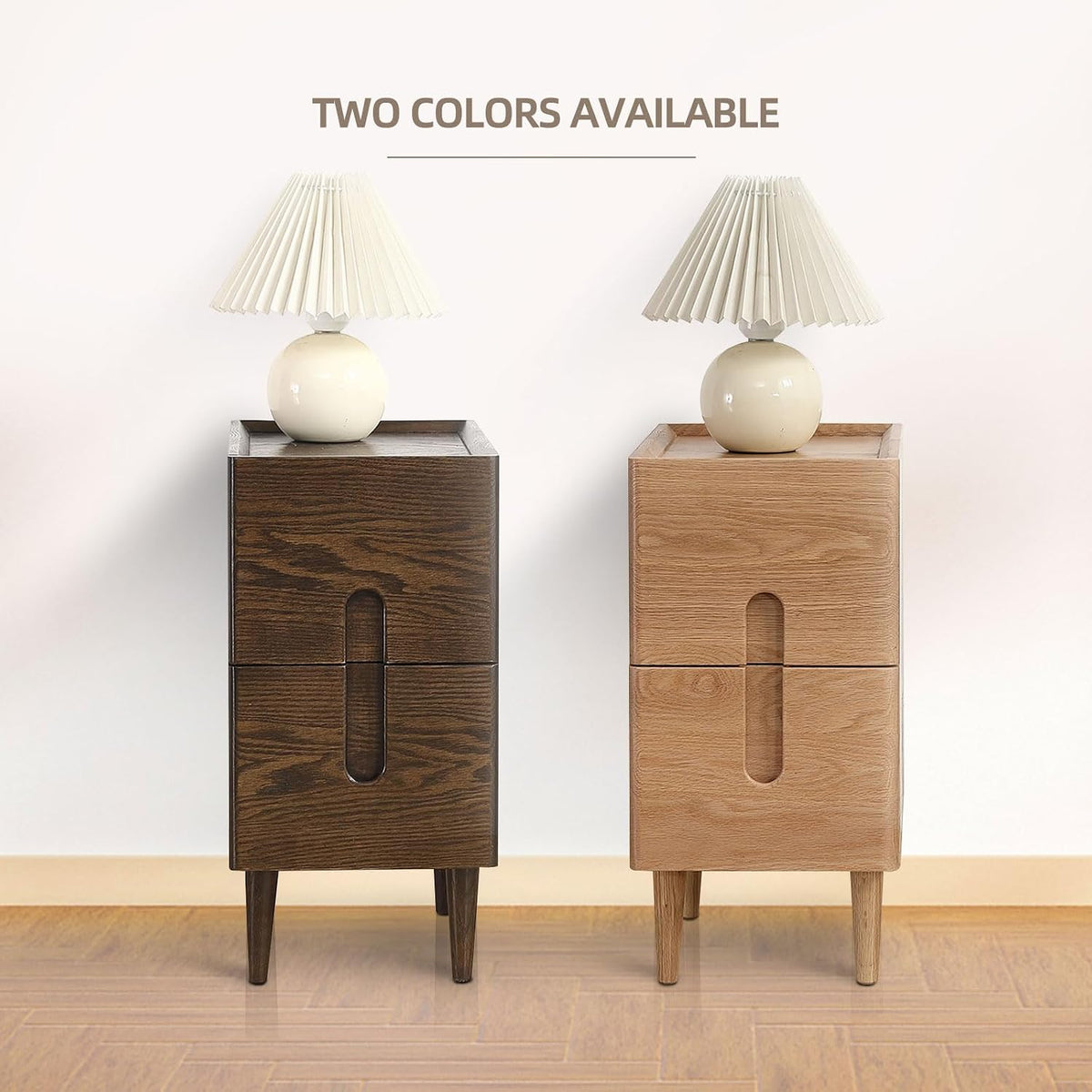 Solid Wood Bedside Table Nightstands, Slim Narrow Oak Real Wooden Mid-Century...