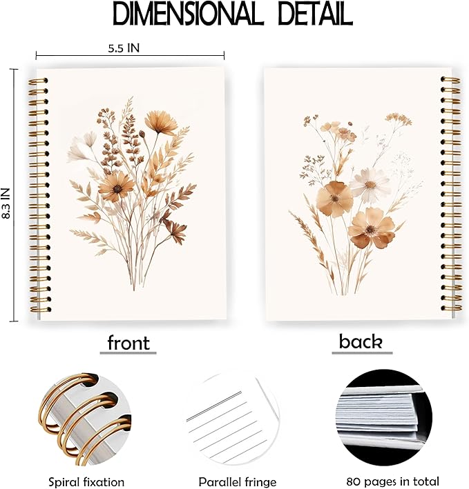 JWVK Fall Wildflower Spiral Notebook, Vintage Boho Neutral Floral Notebooks - Image 2