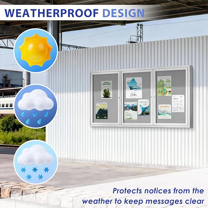 SWANCROWN Weather Resistant Enclosed Bulletin Board Gray Fabric Displays Boards - Image 4