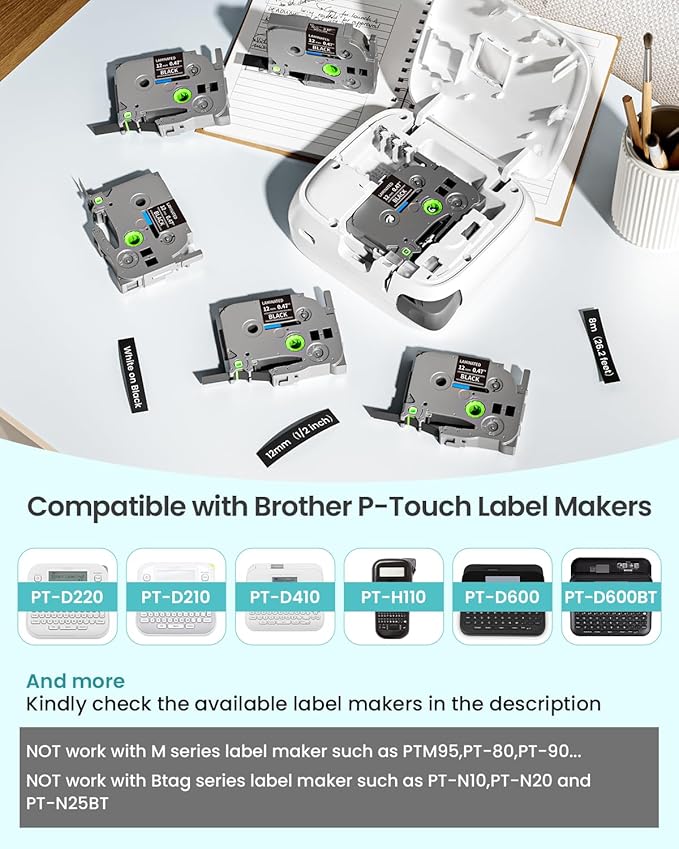 6-Pack Label Maker Tape 12mm 0.47" Black Tze-335 Replacement - Image 2