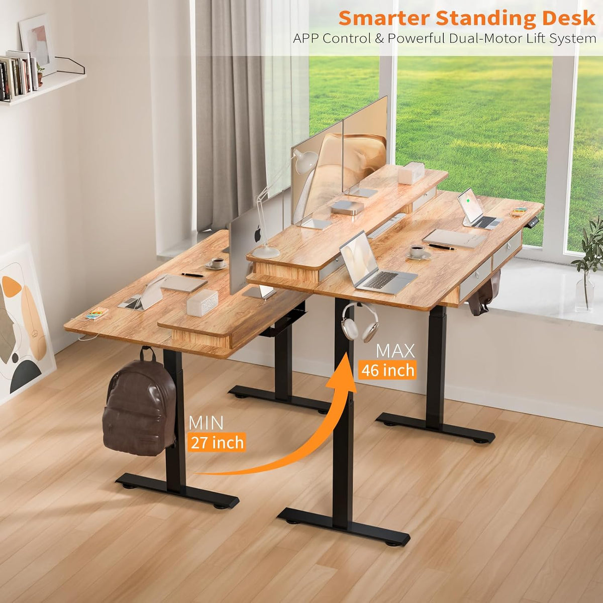 55 x 30 Inch Electric Standing Desk with 4 Drawers, Light Rustic