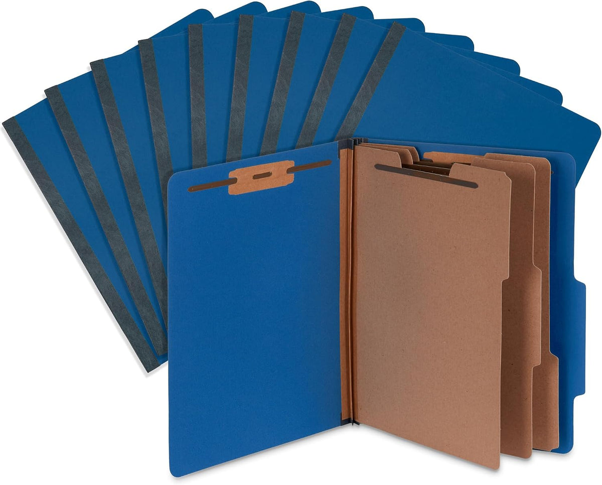 Blue Summit Supplies 10 Blue Classification Folders, 3 Divider, Letter | Heavy duty 25pt blue pressboard, 3 dividers, 2 in expansion, 2 prong, medical records and client files