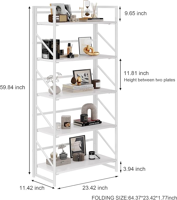 JSB No Assembly Folding Bookshelf, 5 Tier Industrial Metal Book Shelf - Image 3