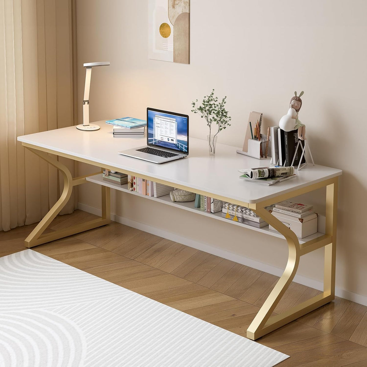 OSCHF 63-Inch Extra Long Desk with Storage Shelf, Gold