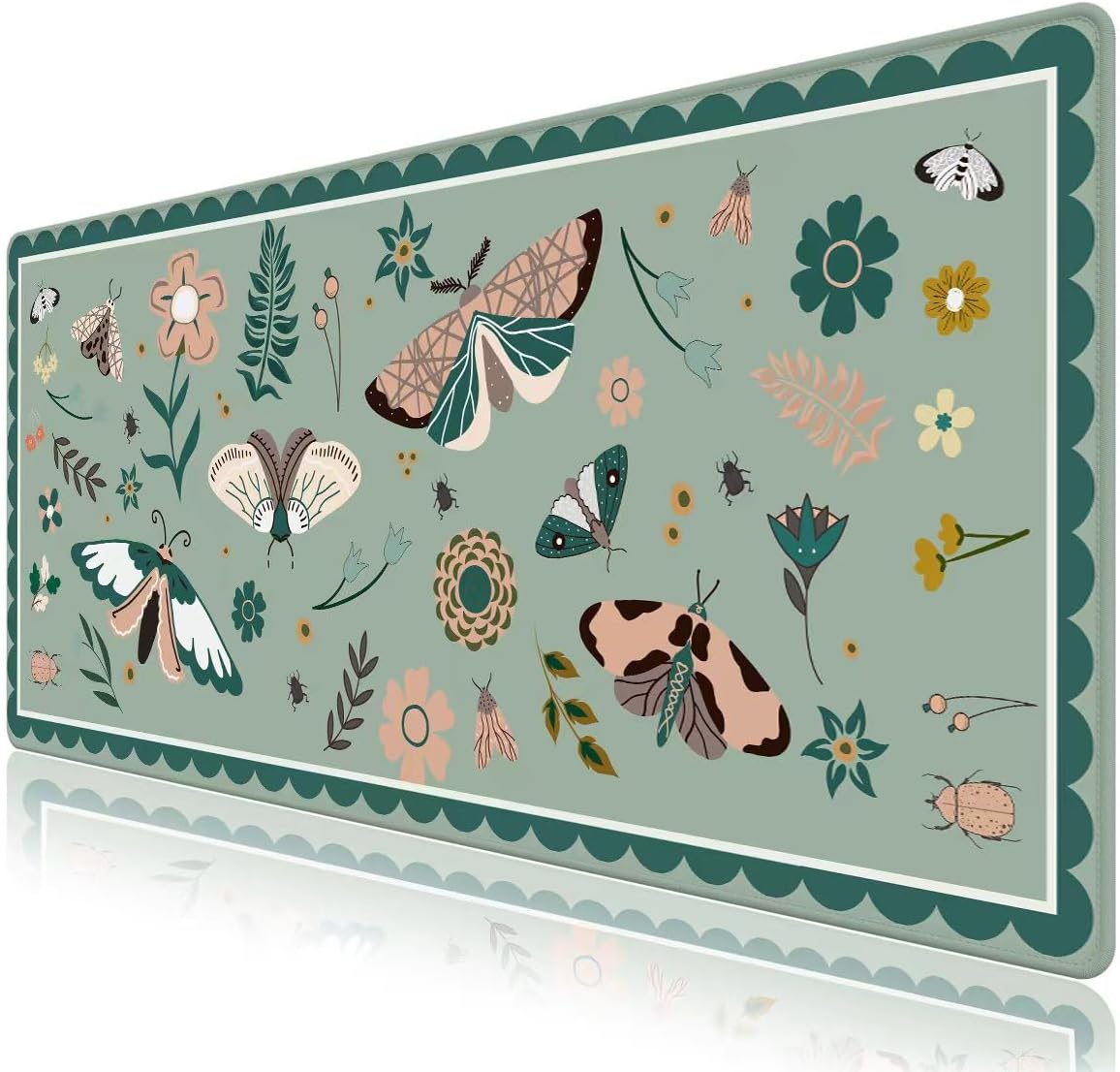 Mouse Pad, Cute Cool XXL Big Desk Mat for Desk Cover, Anti-Slip Large Mousepad with Stitched Edges, Keyboard Mat for Computer Desktop Table Protector I Green Floral & Insect