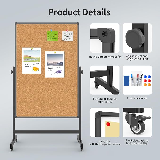 Double-Sided Corkboard Whiteboard, 32 x 48 Inches Dry Erase Board on Wheels - Image 4